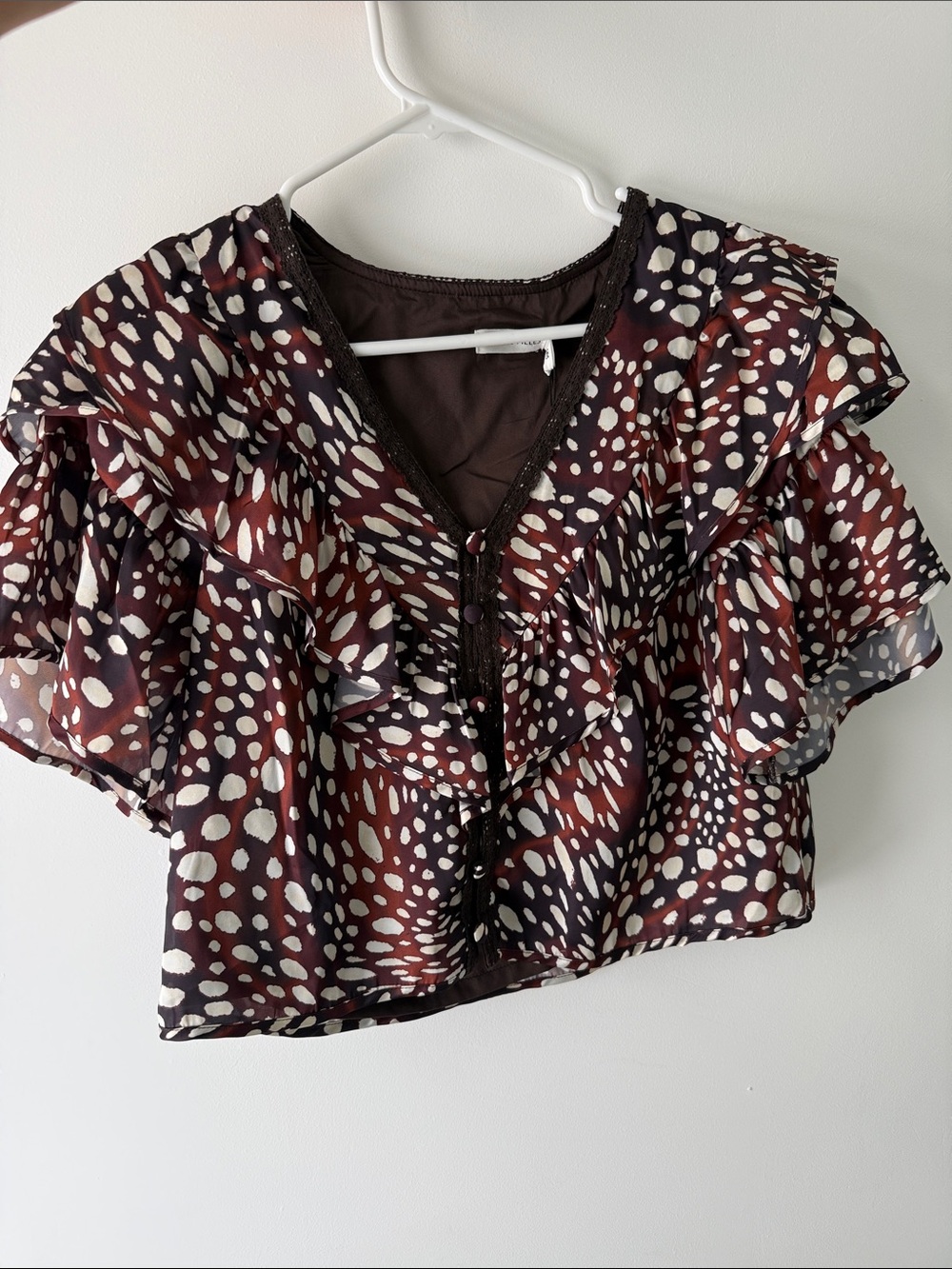 Avec Les Filles Burgundy and Ivory Ruffle Front Blouse